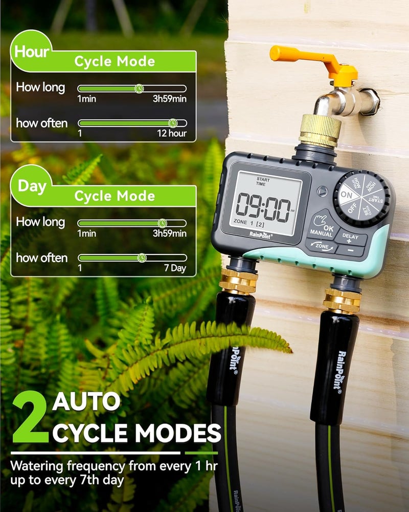 RAINPOINT Water Timer for Garden Hose - Sprinkler Timer with Brass Swivel - Rain Delay/Manual Watering/Automatic Irrigation Programmable Faucet for Yard, 2 Outlet - Image 2